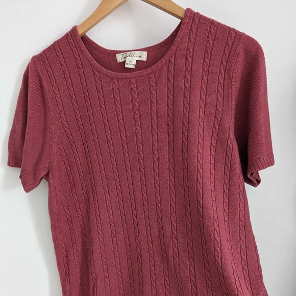 Pink Short-Sleeve Cable Knit Sweater - Picture 2 of 5